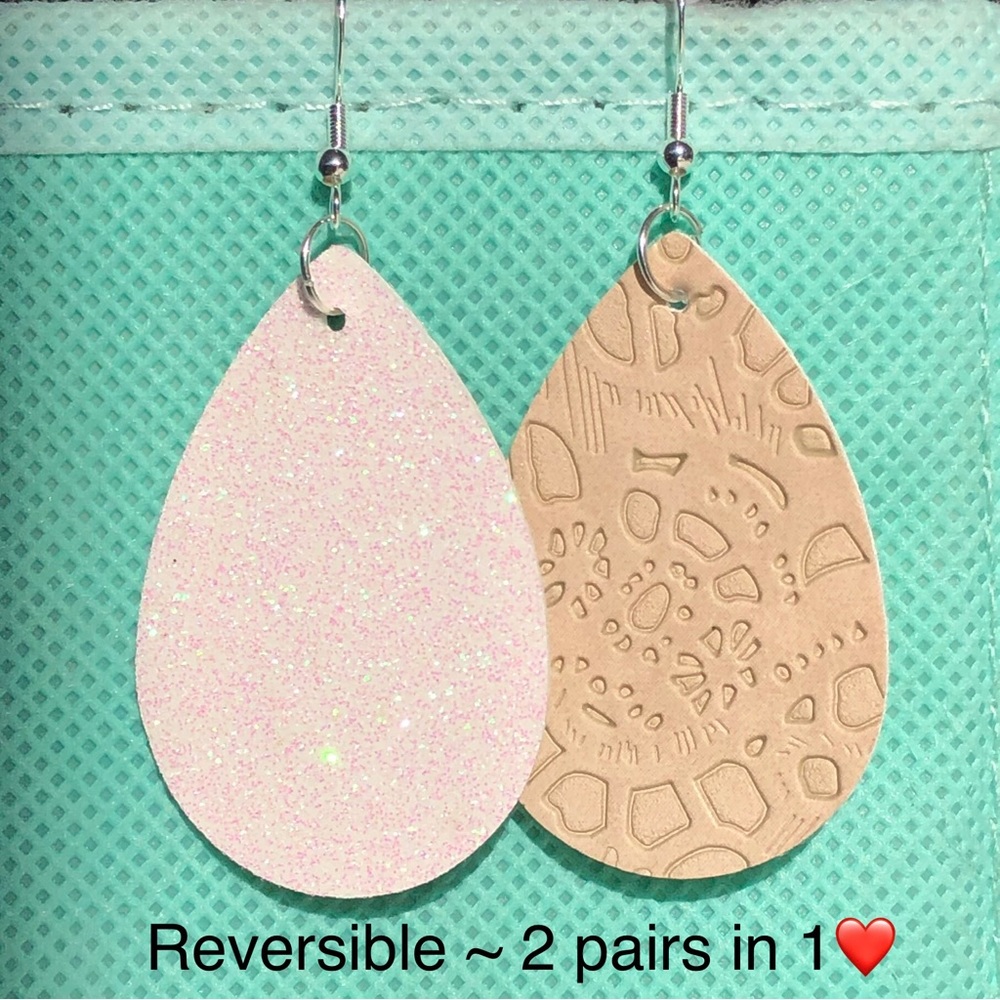 Sparkly White / Tan Stamped Reversible Faux Leather Teardrop Earrings